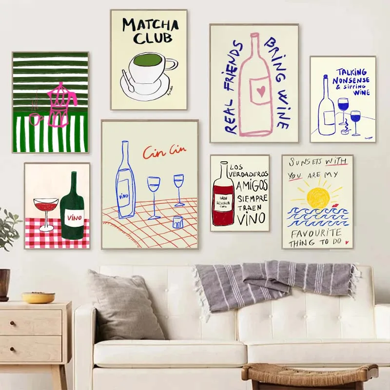 Coffee Tea Drawing - Renkli Çizimler Soyut Sanat Yemek Posterleri